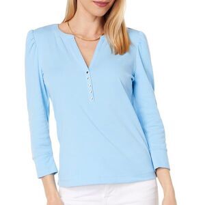 Lilly Pulitzer Marlie Top Frenchie Blue Button V Neck Cotton Size M Preppy Chic